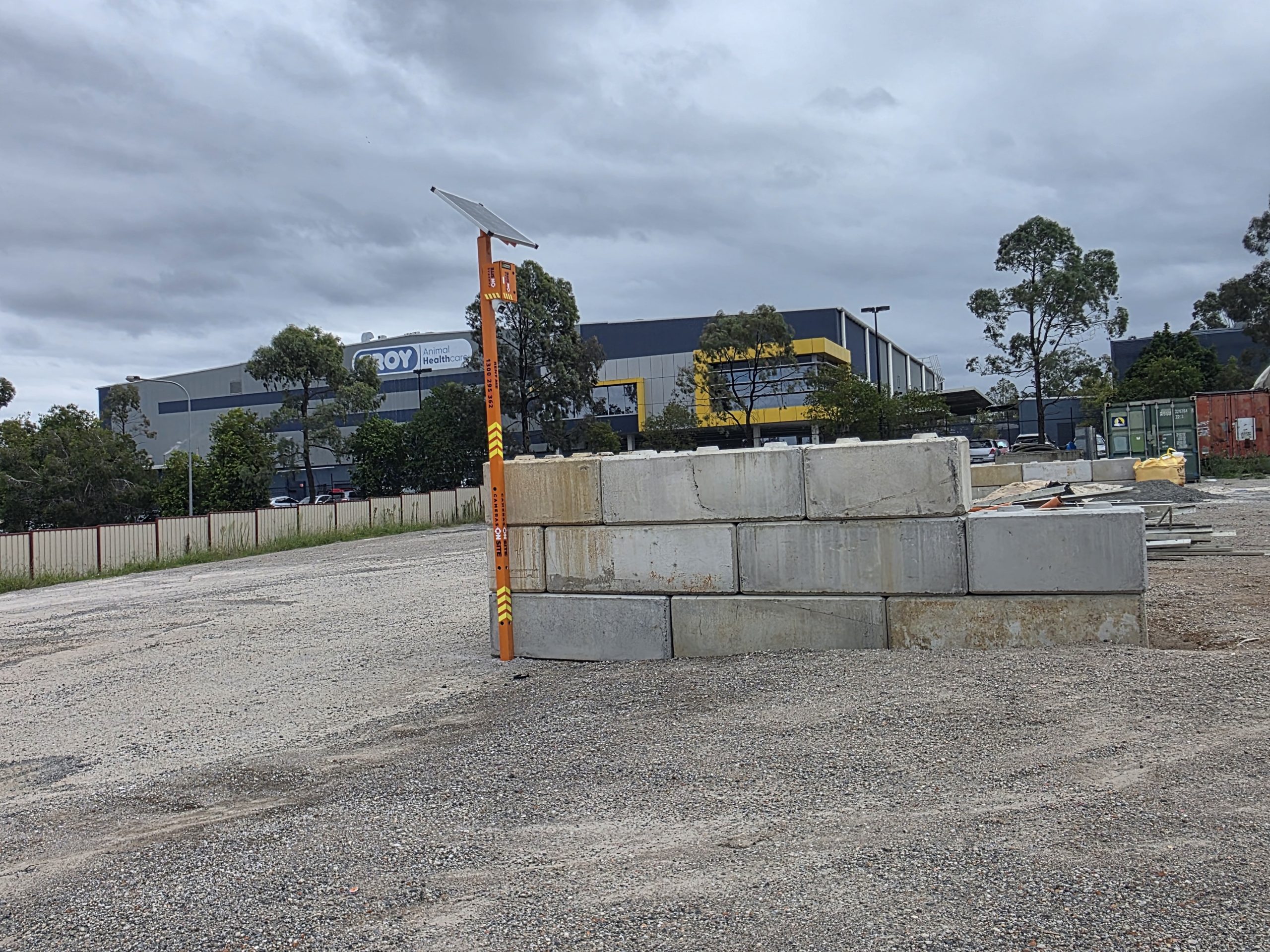 Construction site protected by Cameras On Site solar powered security camera tower providing 24/7 remote monitoring and protection Australia