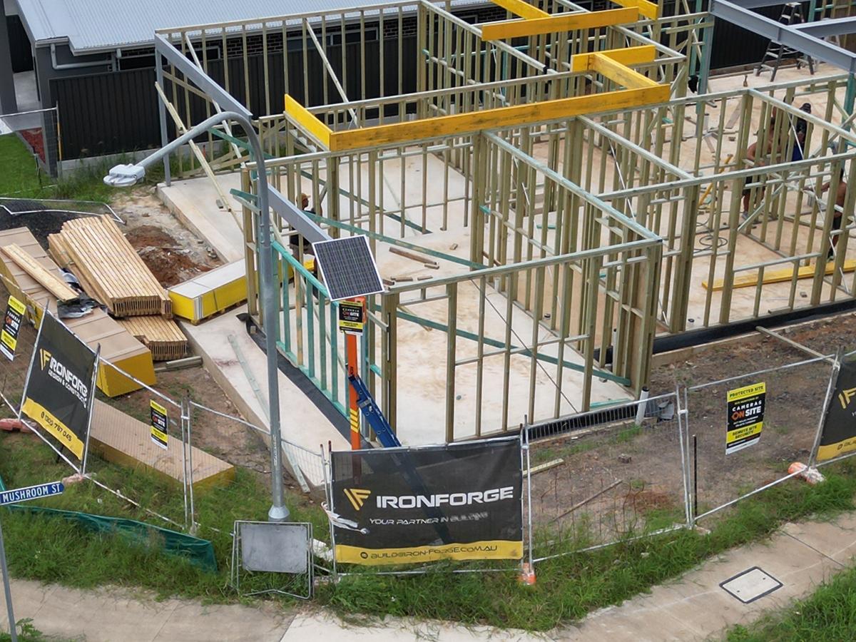 Aerial or drone perspective of construction site secured with Cameras On Site solar powered surveillance cameras Australia