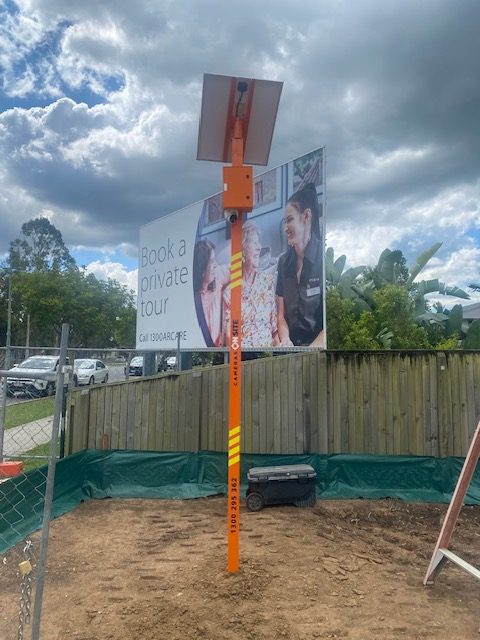 Construction site with Cameras On Site solar powered security camera tower providing clear 24/7 monitoring Australia