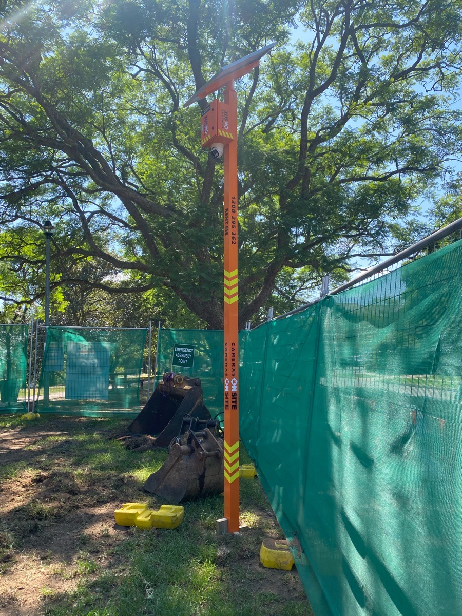 Detailed image of construction site with Cameras On Site solar powered camera tower visible