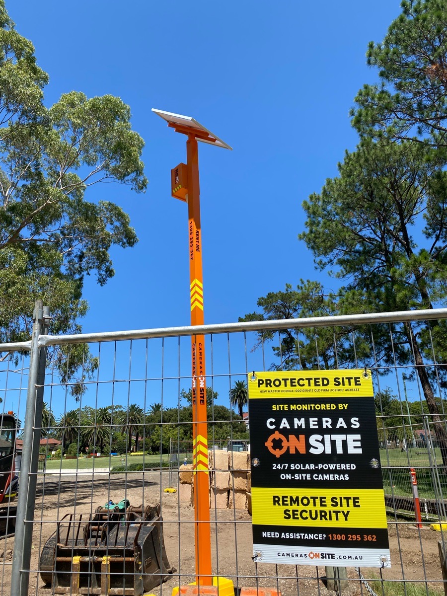 Close-up view of construction site secured by Cameras On Site solar powered surveillance system Australia