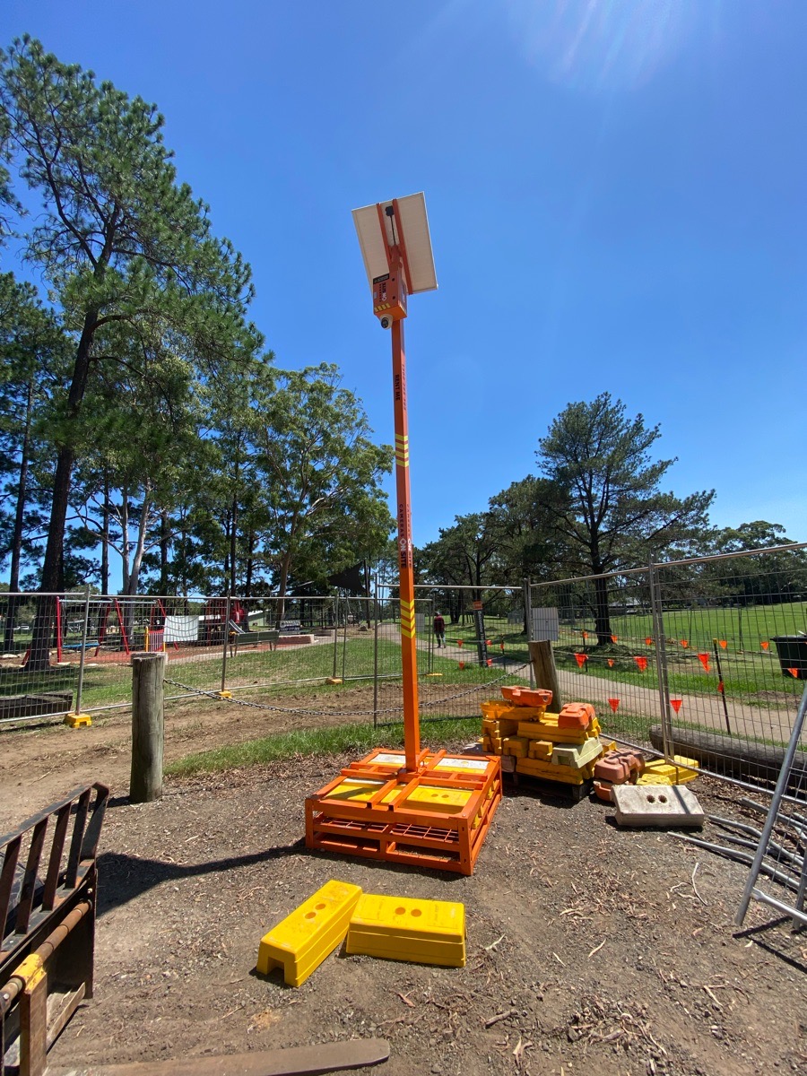 Construction site with Cameras On Site solar powered security camera tower providing clear 24/7 remote monitoring Australia