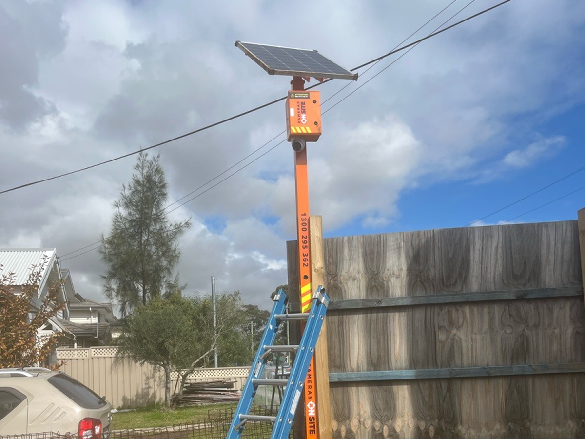 Construction site with Cameras On Site solar powered surveillance camera capturing activity and ensuring site security Australia