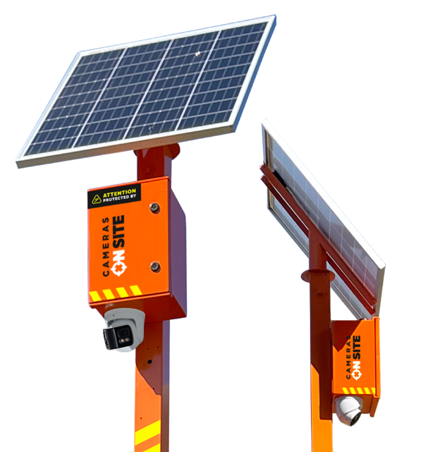 Solar-powered security camera system from Cameras On Site, featuring dual solar panels and advanced surveillance capabilities, designed for optimal on-site security solutions.